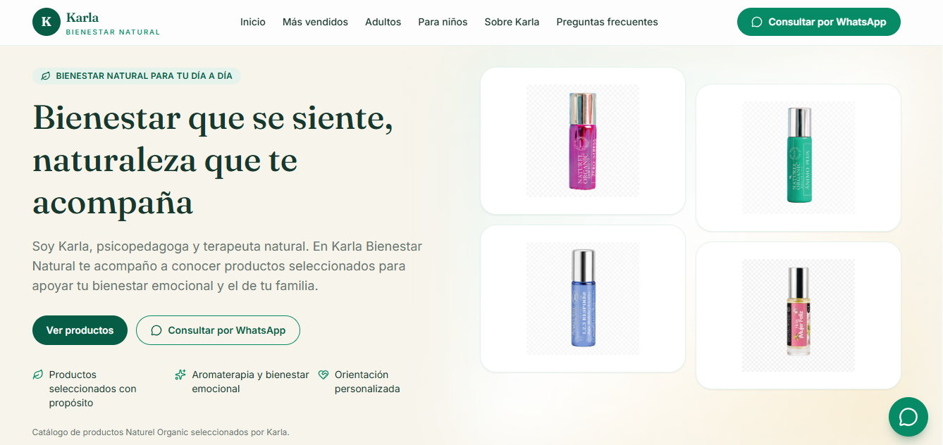 Portada del catálogo Karla Bienestar Natural con propuesta de valor y productos destacados.