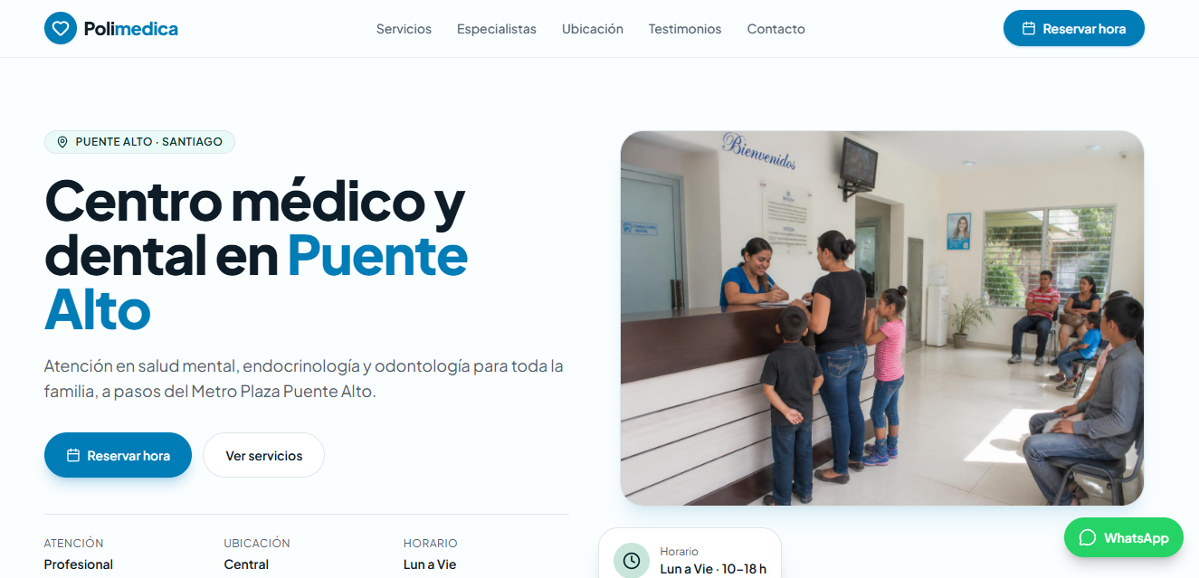 Portada del sitio Polimédica con el título del centro médico y dental en Puente Alto.